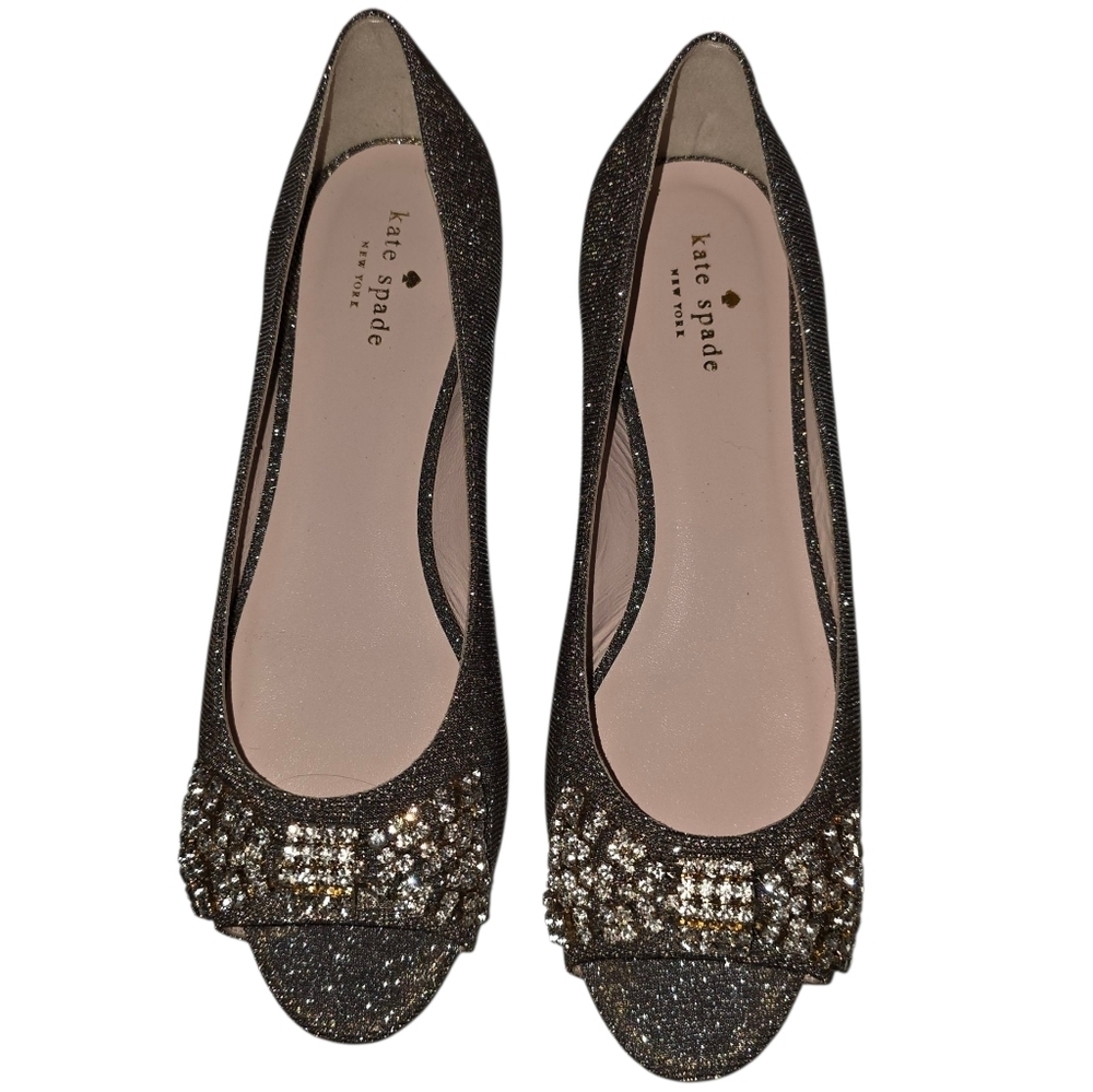 Kate Spade NIB Vanna Bronze Lurex Glitter Peep Toe Flats - NWT - Sz 9 - Picture 2 of 9